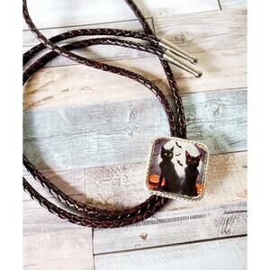 spooky black bolotie concho, goth halloween necklace witch lover black cat